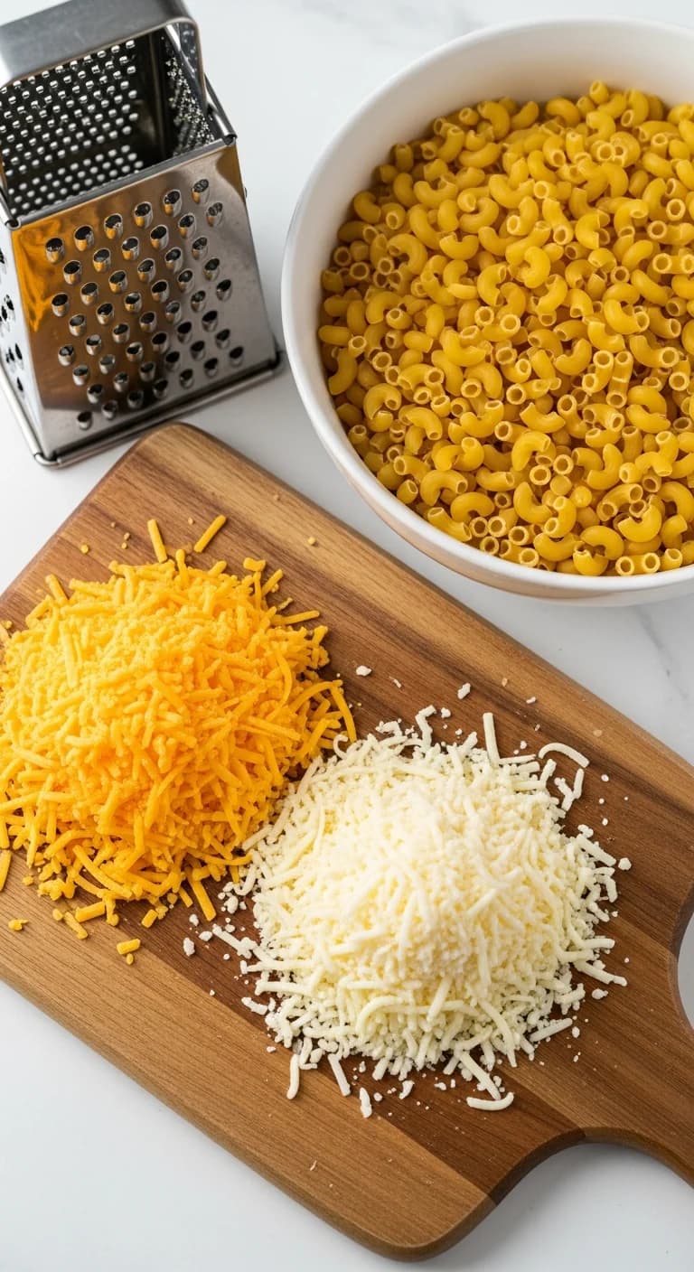 Shredded cheddar and Monterey Jack cheese in a bowl next to uncooked elbow macaroni.