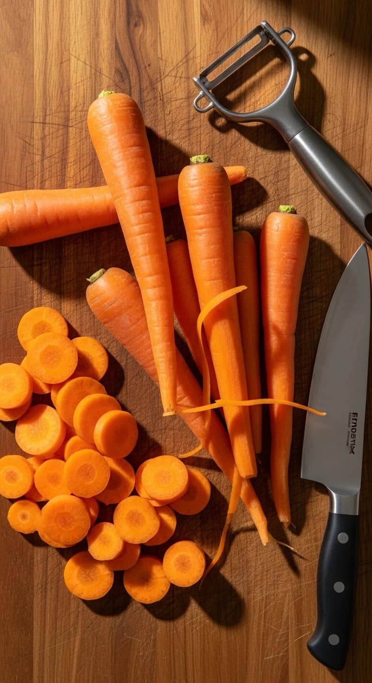 Fresh carrots being peeled and sliced on a wooden cutting board for the crockpot recipe.