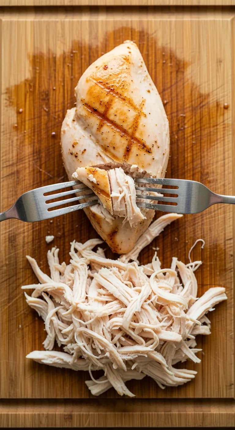 Using two forks to shred cooked chicken on a wooden cutting board for soup.