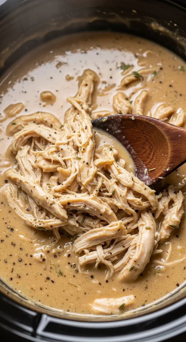 Shredded chicken being returned to the slow cooker and stirred into the gravy.