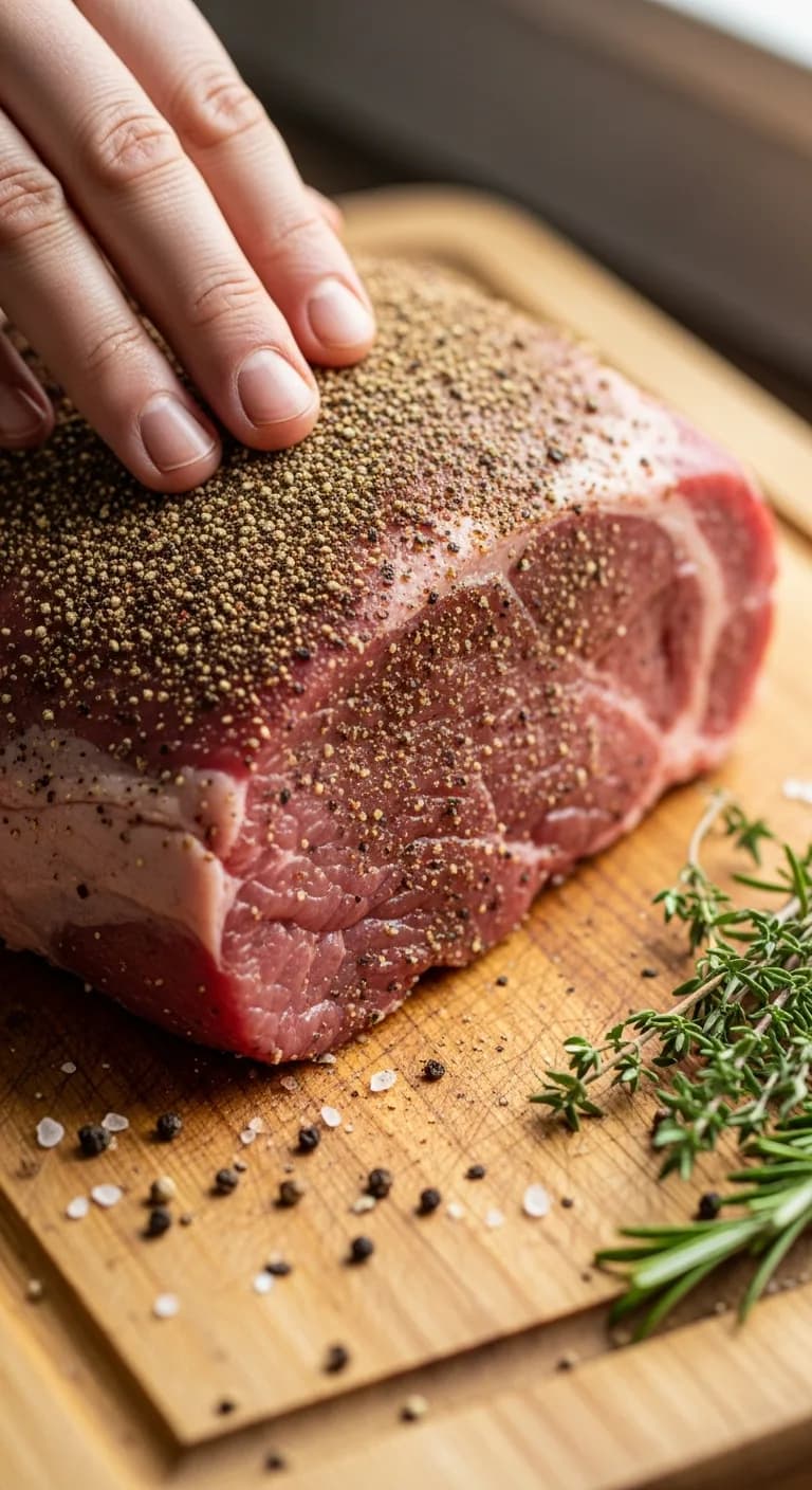 Seasoning raw sirloin tip roast with spice rub on cutting board