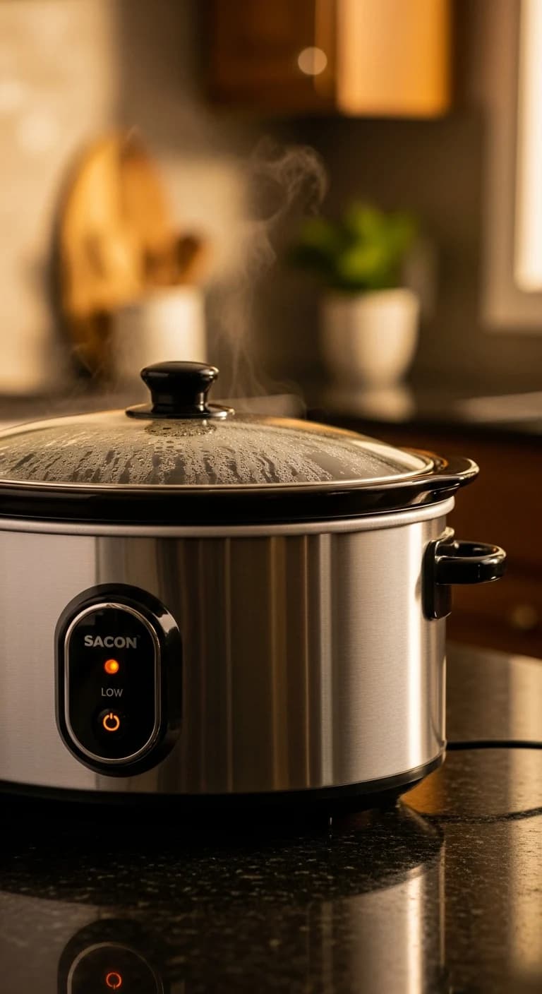 A modern slow cooker with a glass lid on, cooking carrot soup on a kitchen counter.