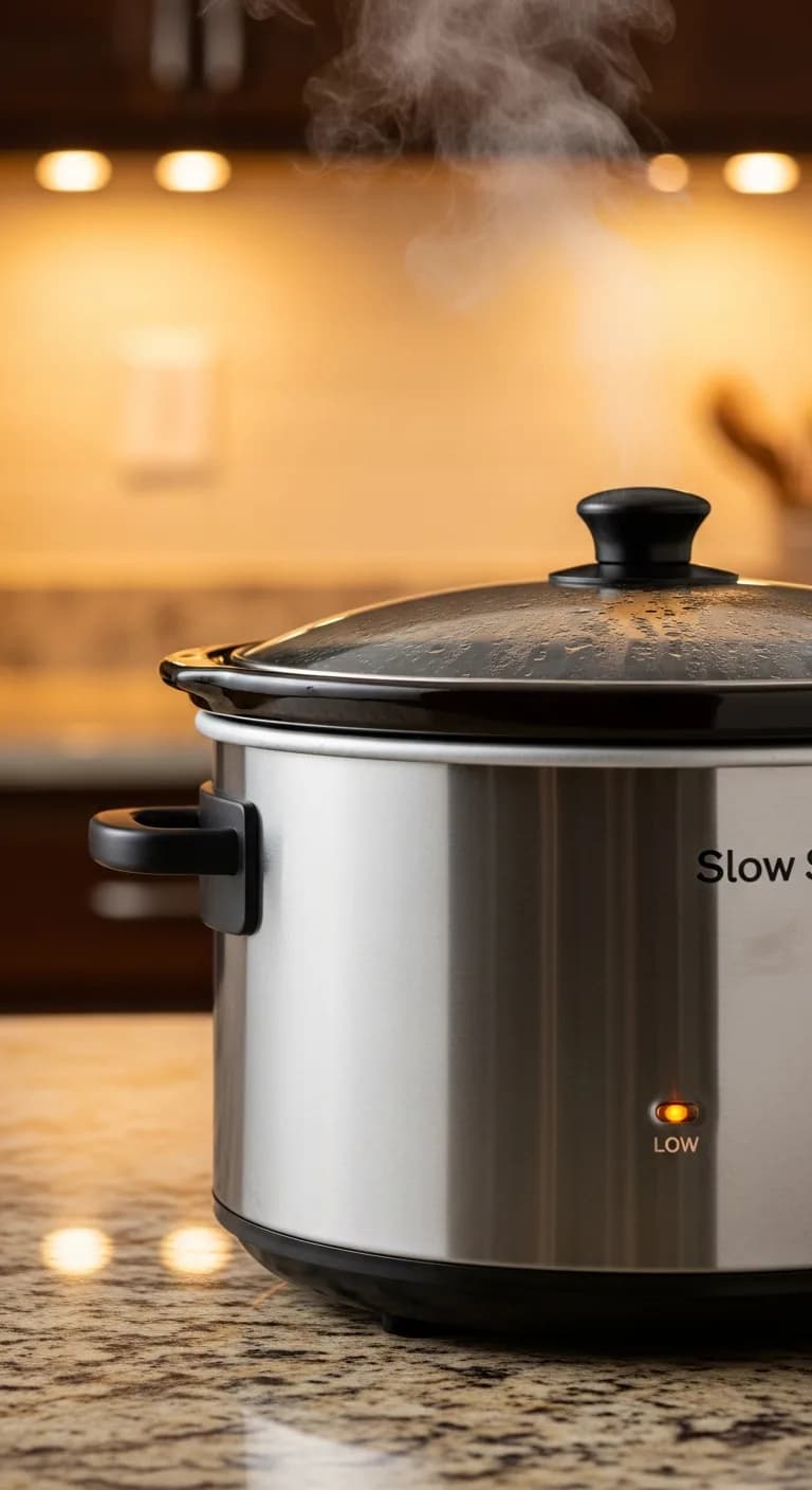 A closed slow cooker on a kitchen counter, with the power indicator light on.