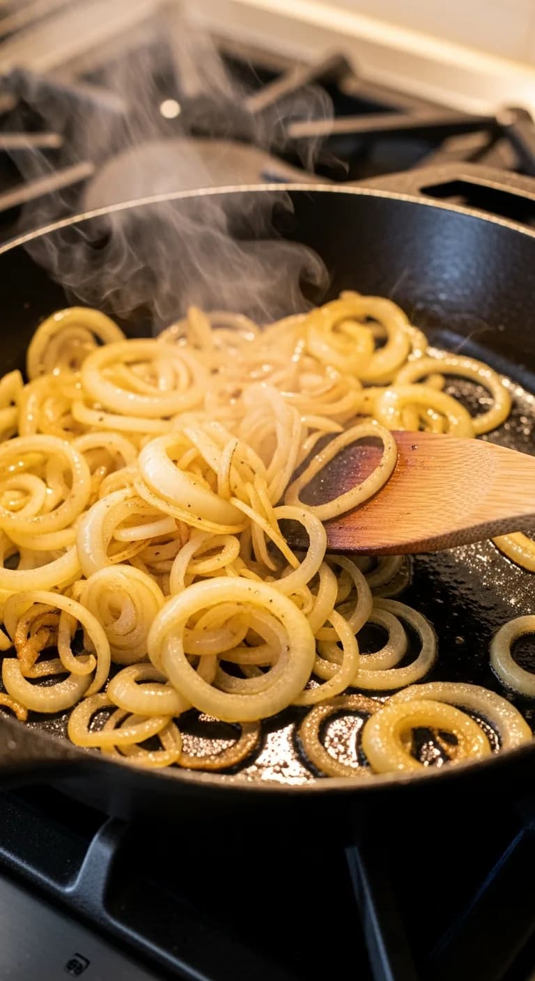 Sautéing sliced yellow onions in butter in a skillet for french onion meatloaf