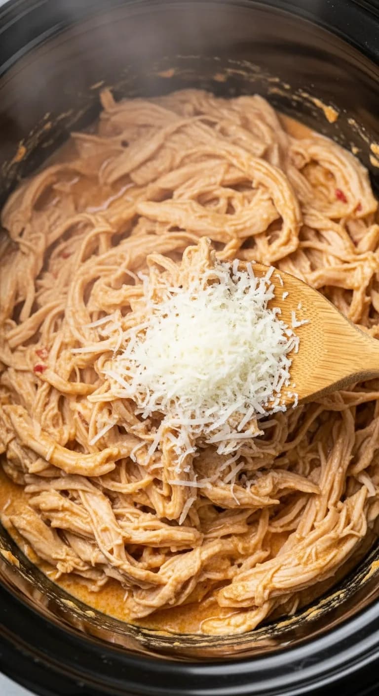 Stirring shredded chicken, cream cheese, and Parmesan into a creamy mixture in the slow cooker.