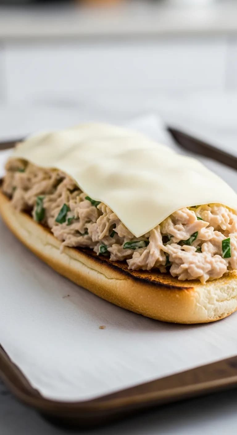 Assembled Italian chicken sandwich on a baking sheet, topped with provolone, ready to be broiled.