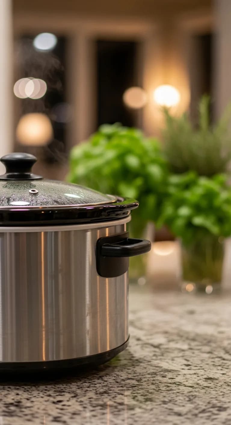 Closed slow cooker on kitchen counter cooking meatloaf
