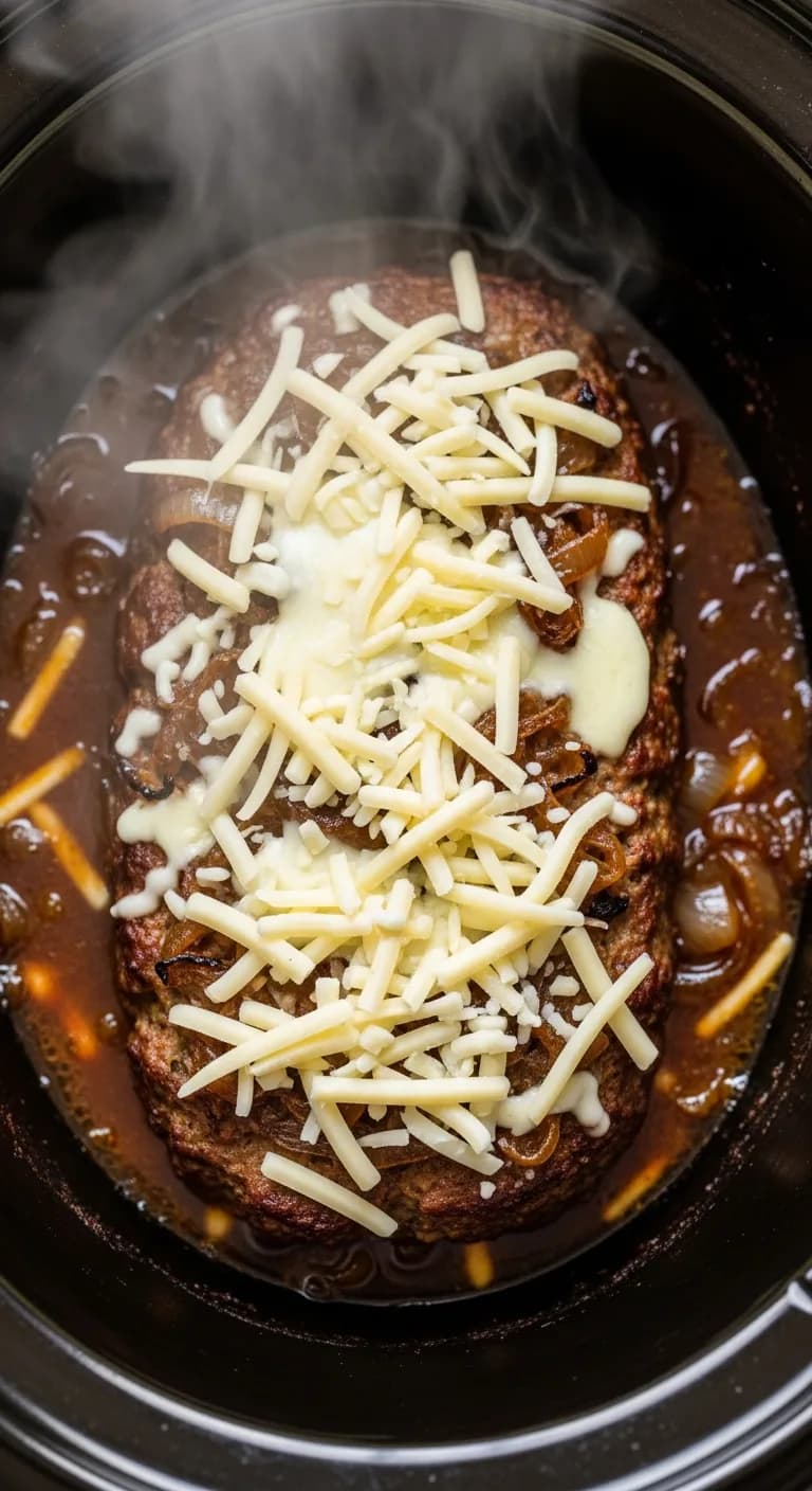 Melting Gruyere cheese and onions on top of cooked meatloaf in crockpot