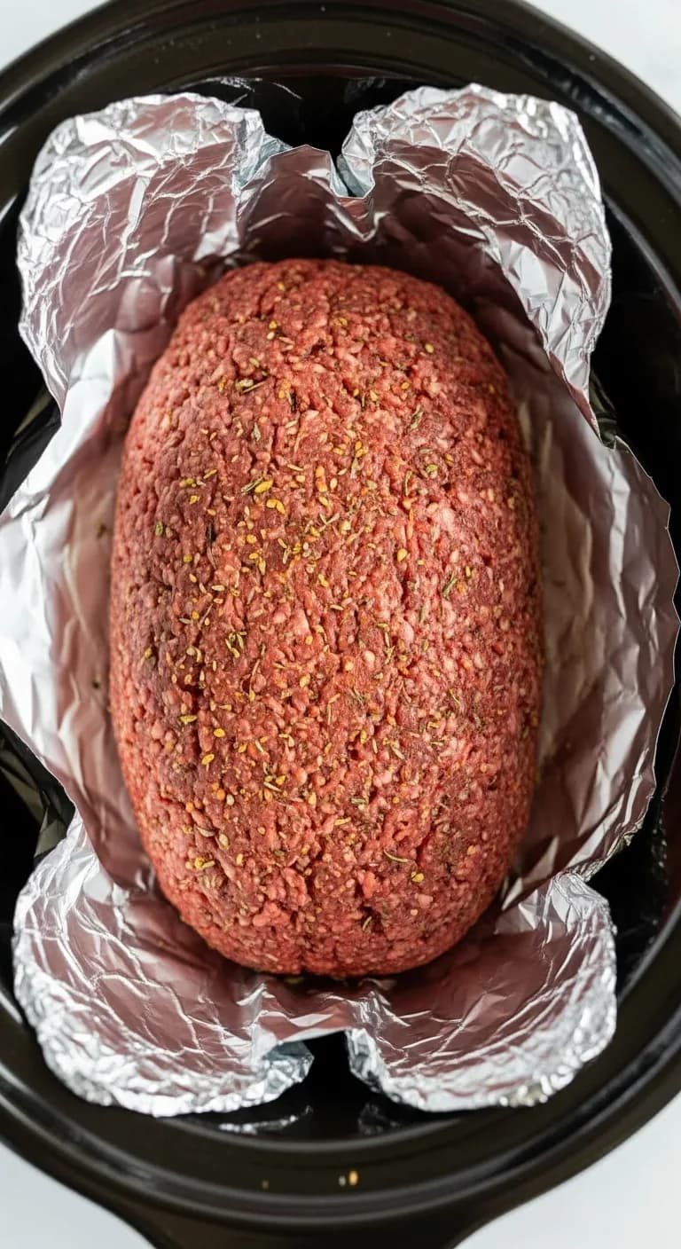 Raw shaped meatloaf placed inside slow cooker on foil sling