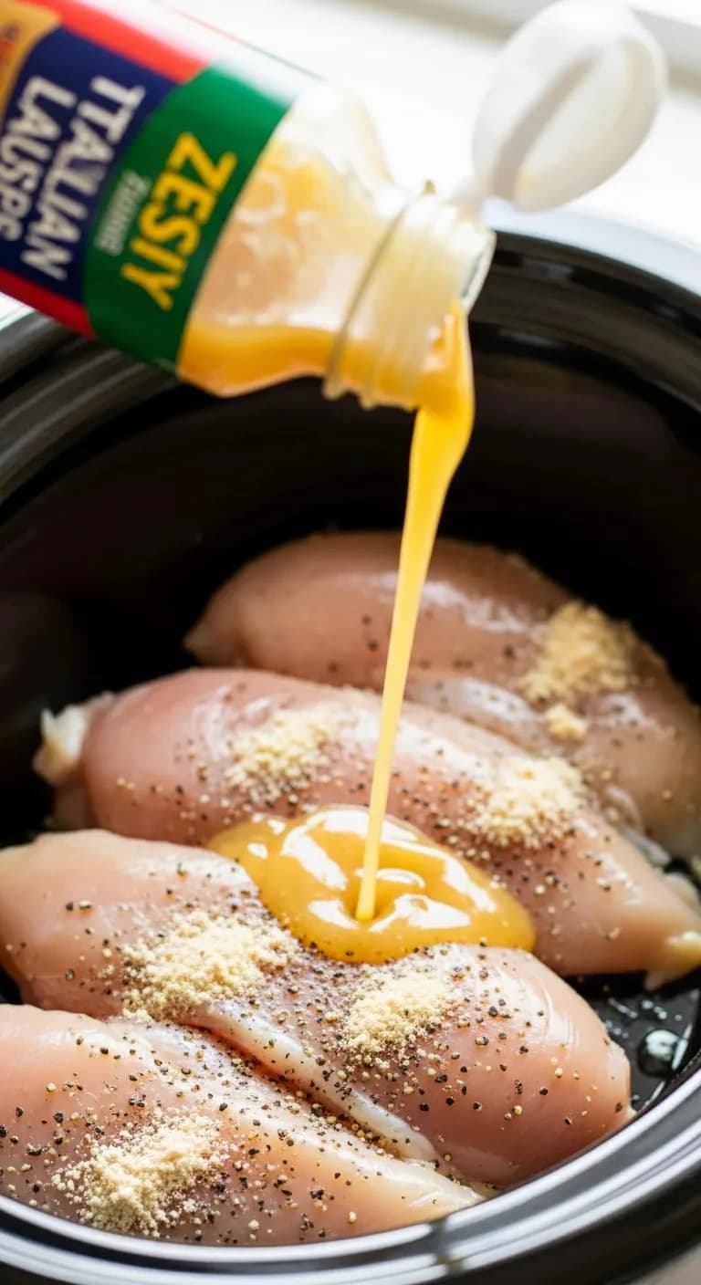 Italian dressing and seasonings poured over raw chicken in a slow cooker crock.