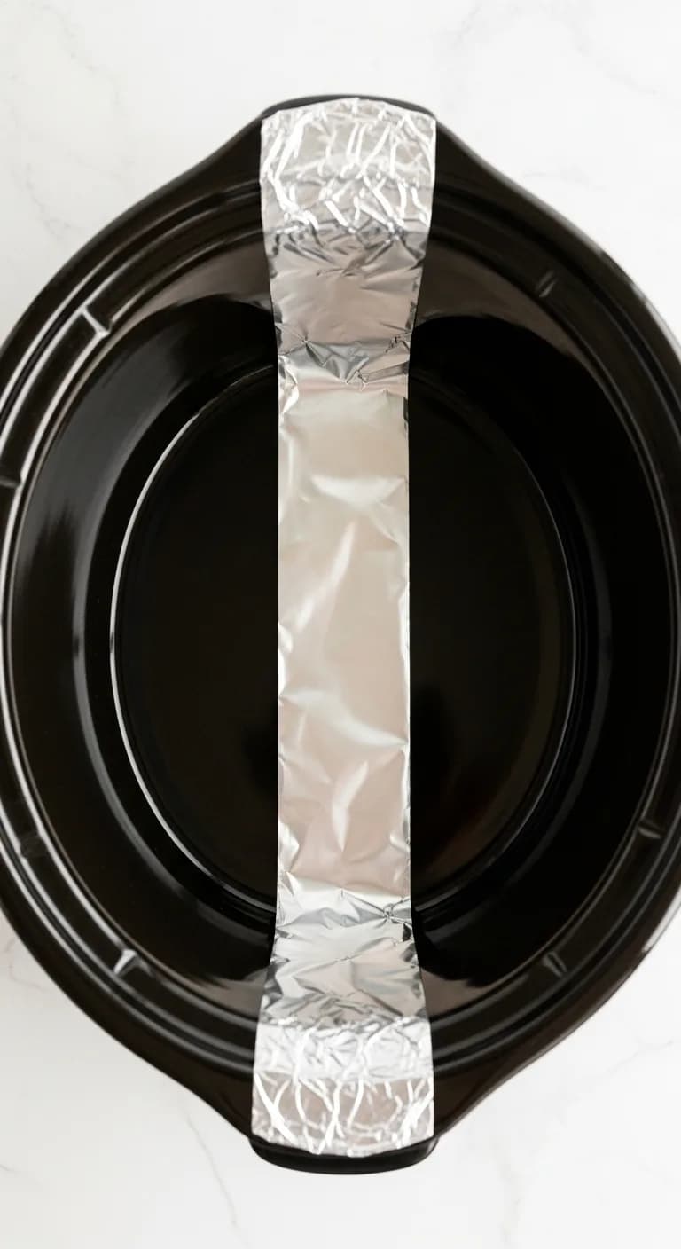 Aluminum foil sling placed inside empty black ceramic slow cooker insert