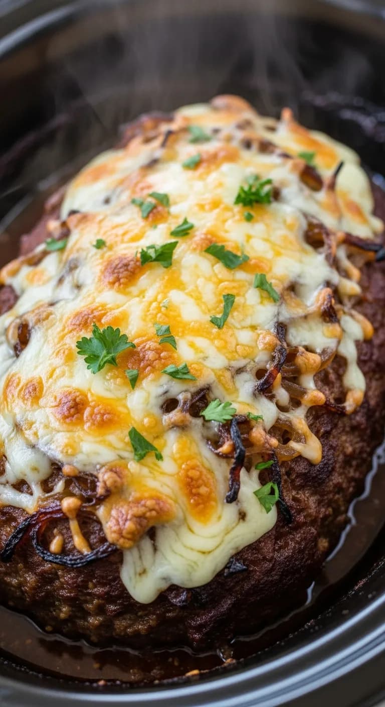 Melted cheese topping on french onion meatloaf in slow cooker