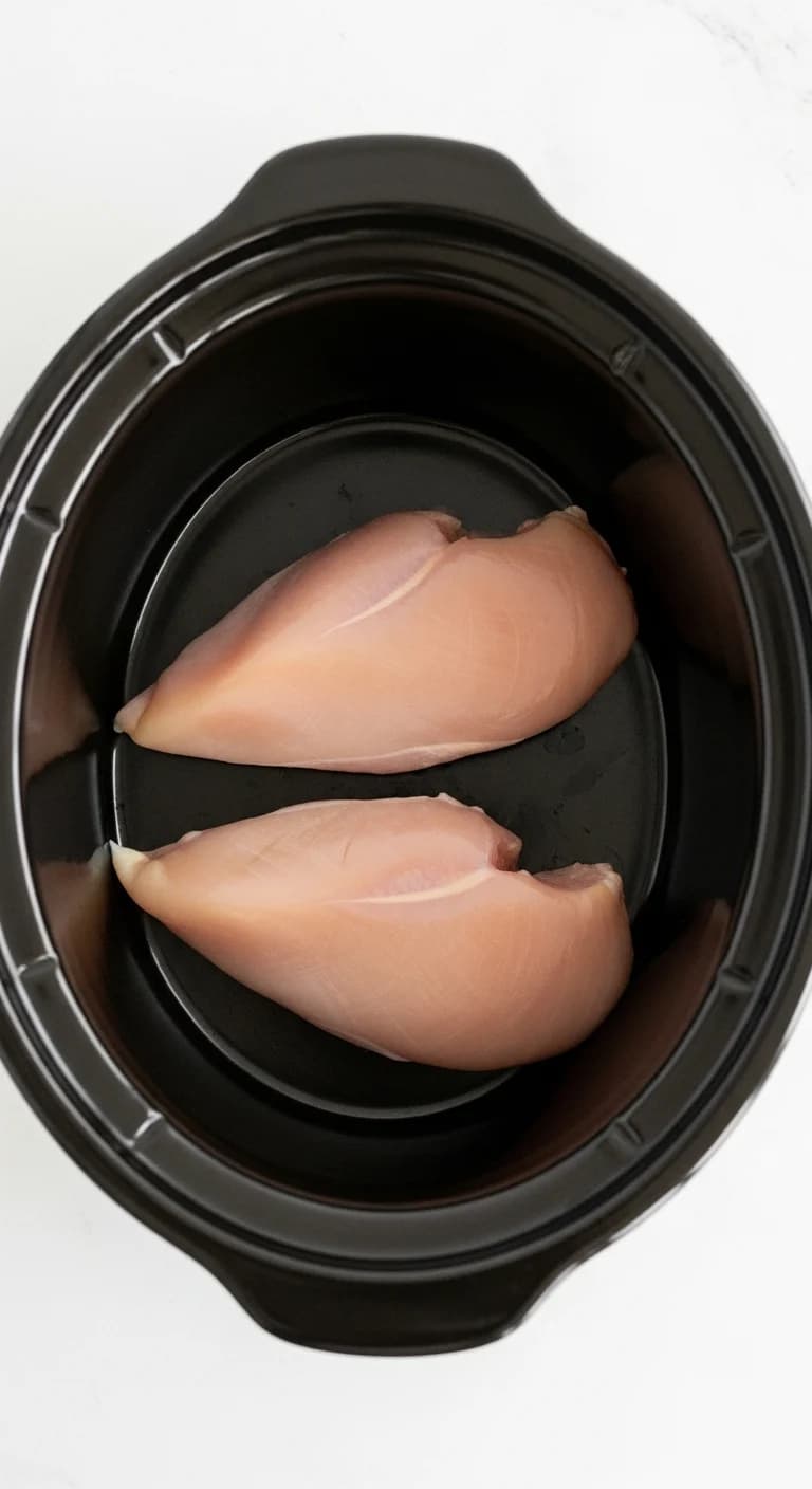 Raw chicken breasts layered in the bottom of a slow cooker for Italian chicken sandwiches.