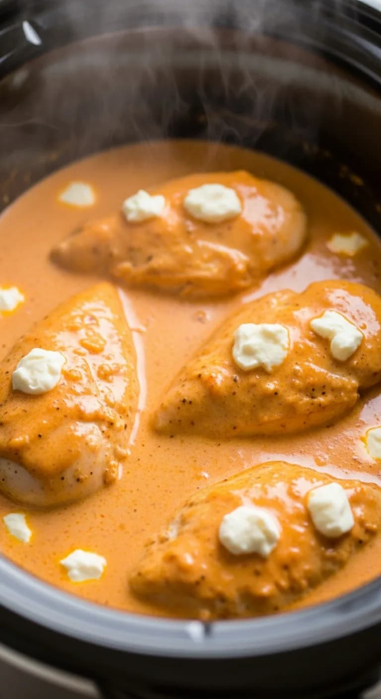 Cooked tender chicken in a creamy Italian sauce in the slow cooker before shredding.