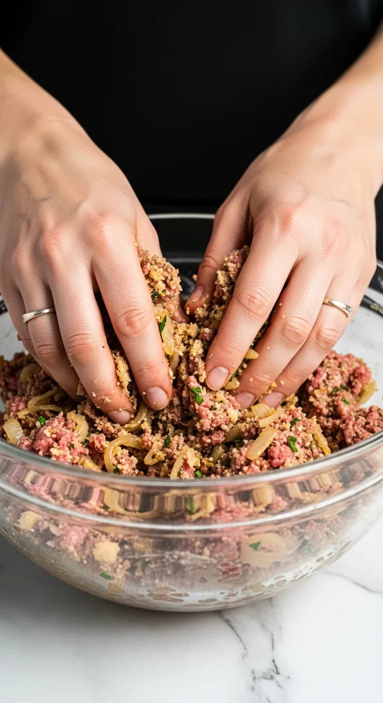 Mixing ground beef with breadcrumbs herbs and onions in glass bowl
