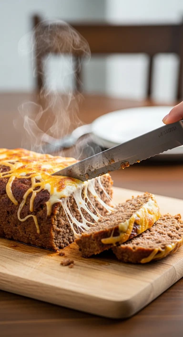 Slicing juicy french onion meatloaf on wooden cutting board