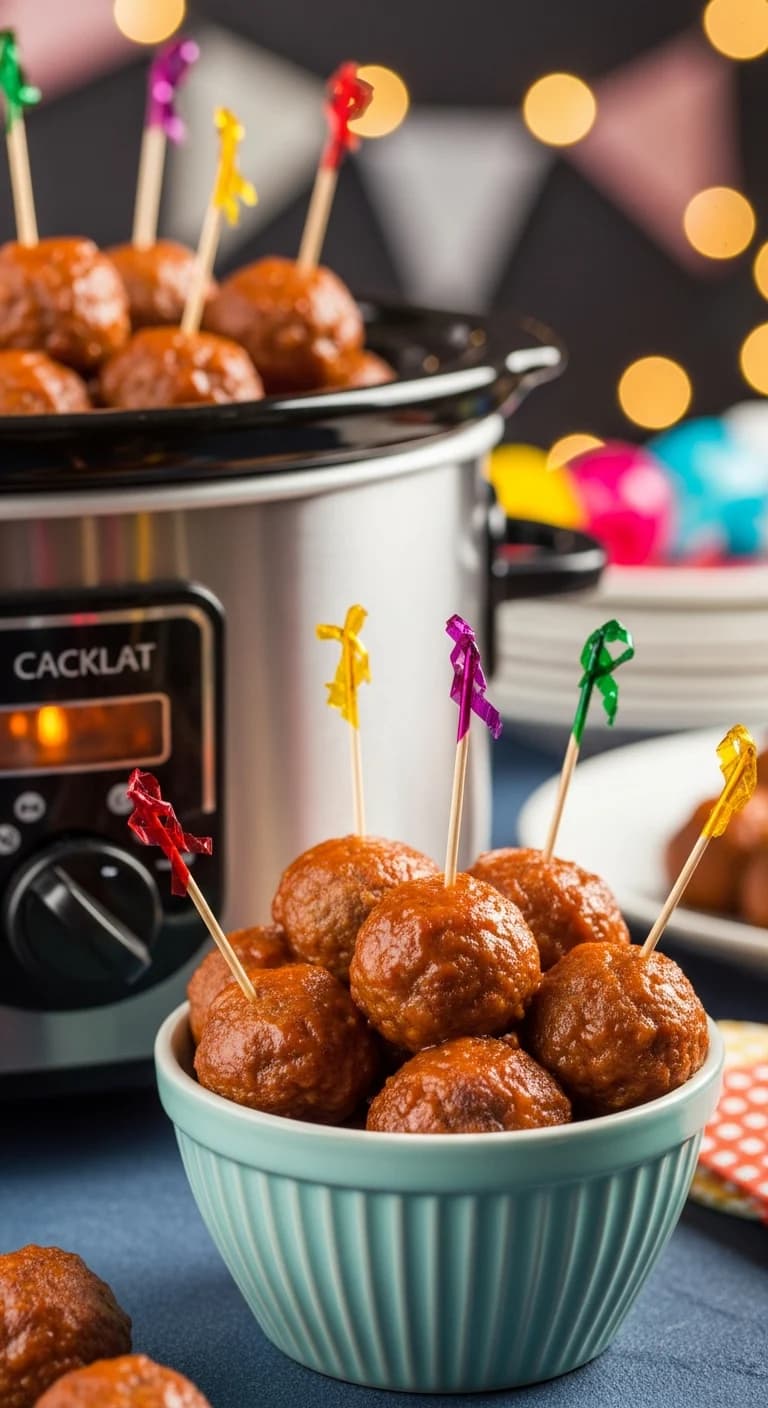A small bowl of crockpot meatballs with toothpicks, served as a party appetizer.