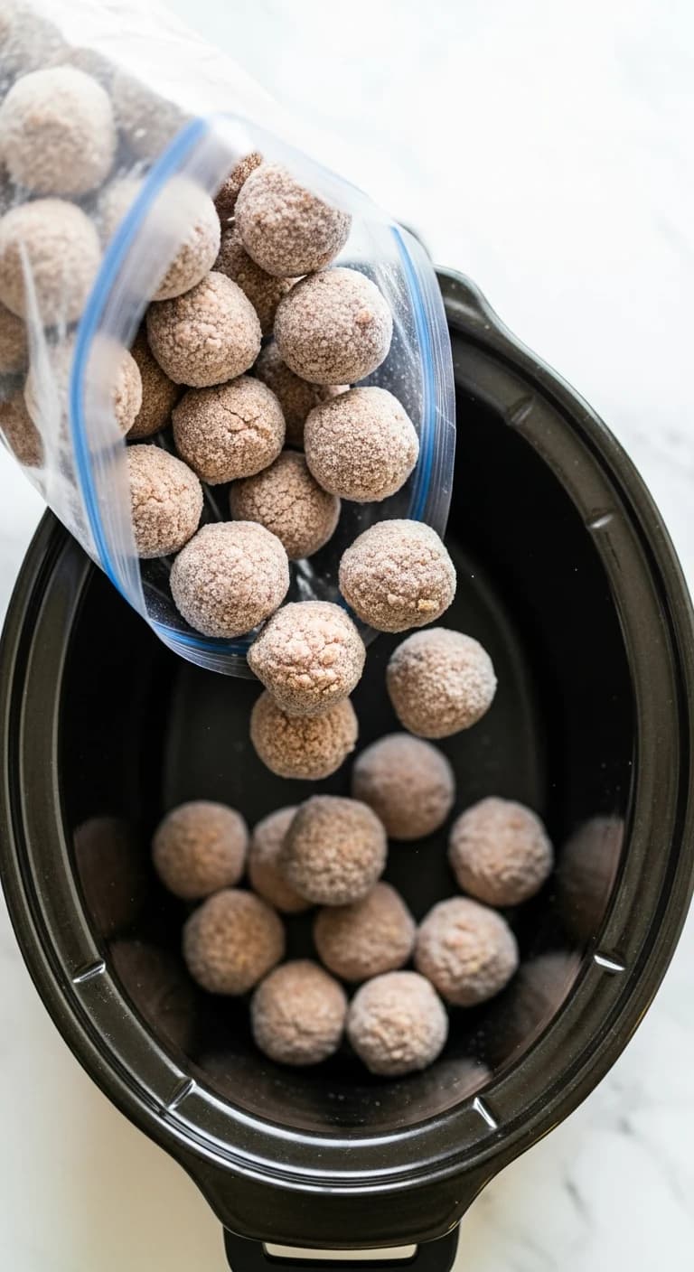 A bag of frozen meatballs being poured into a clean slow cooker crock.
