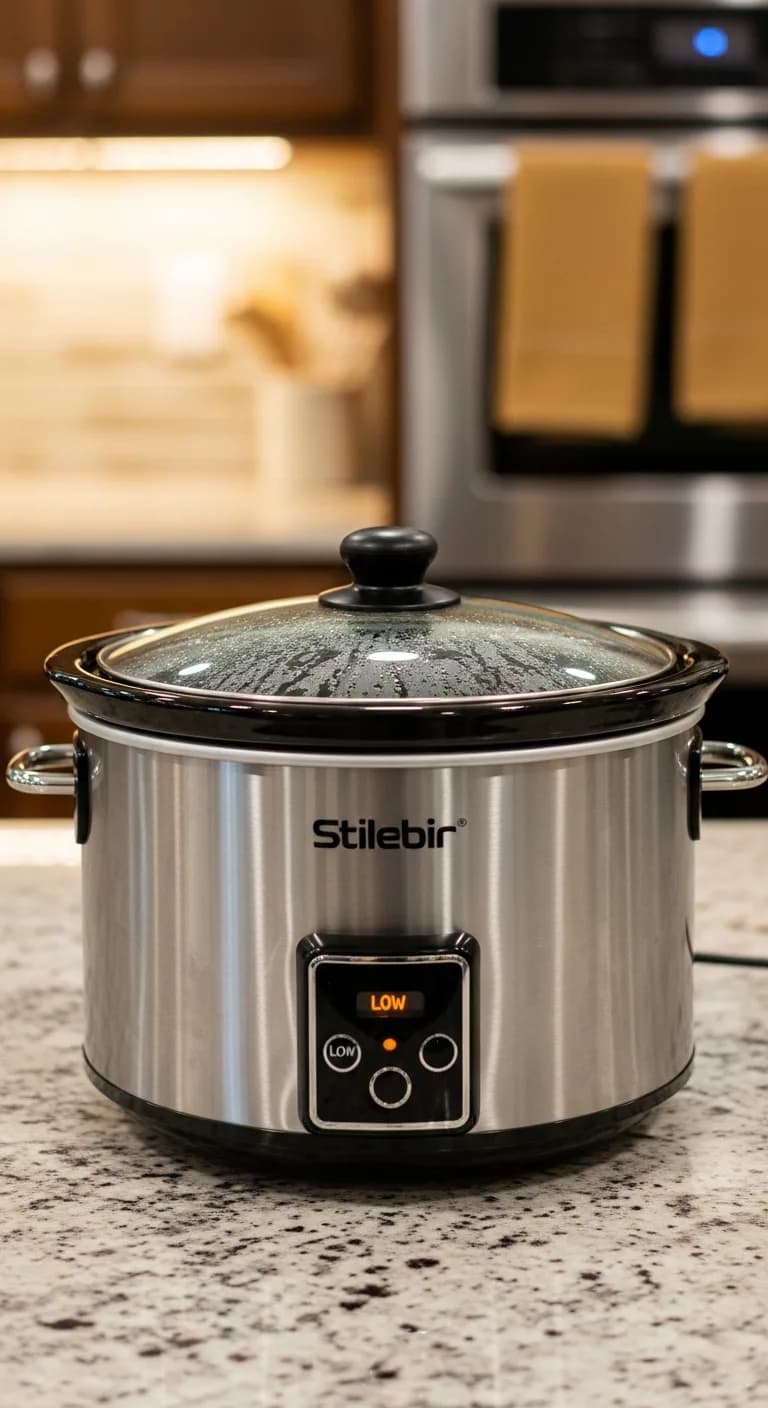 A modern slow cooker with its glass lid on, set to LOW, cooking the chicken and carrots.