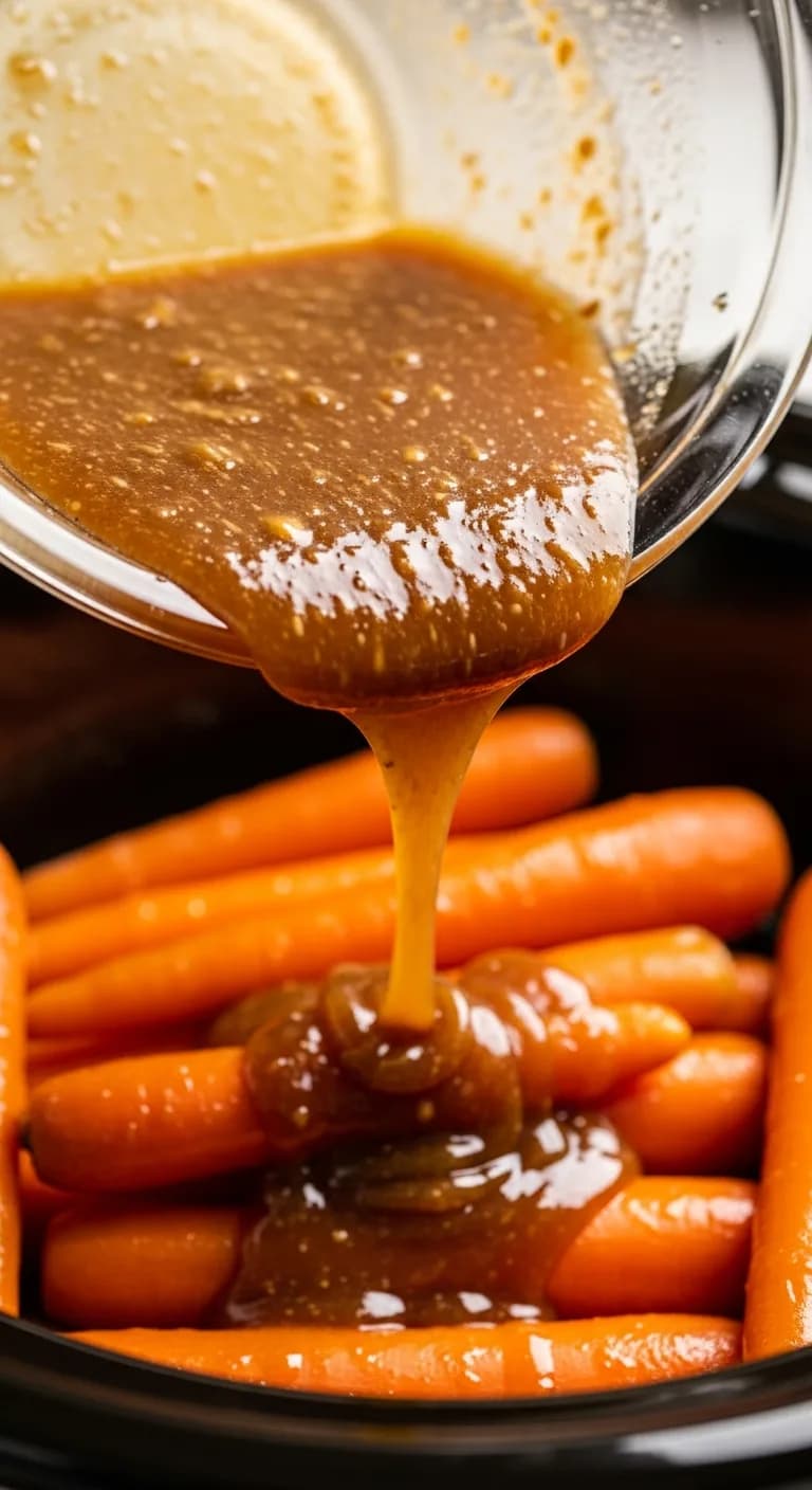 Brown sugar and butter glaze being poured over baby carrots in a slow cooker.