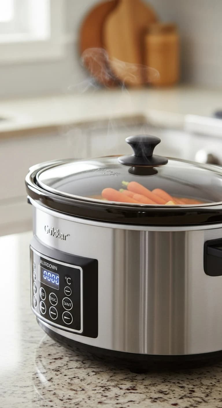Closed slow cooker with glazed baby carrots cooking inside on a kitchen counter.
