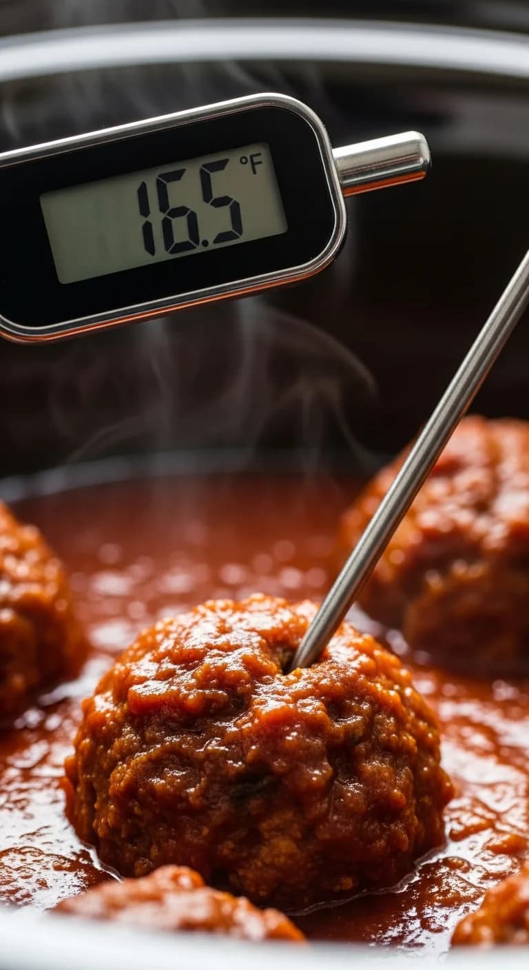 A digital thermometer checking the internal temperature of a cooked meatball in the crockpot.