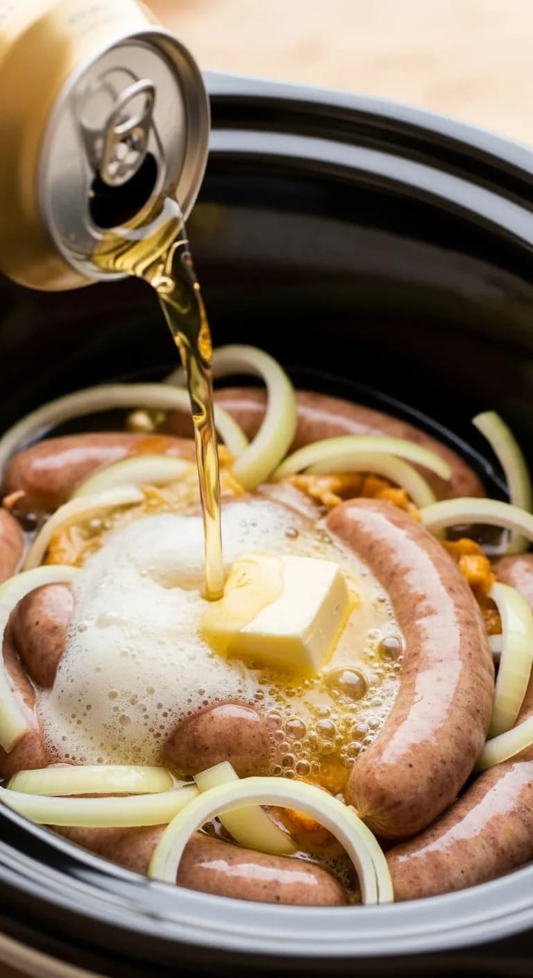 Pouring lager beer over raw bratwursts and onions in crockpot