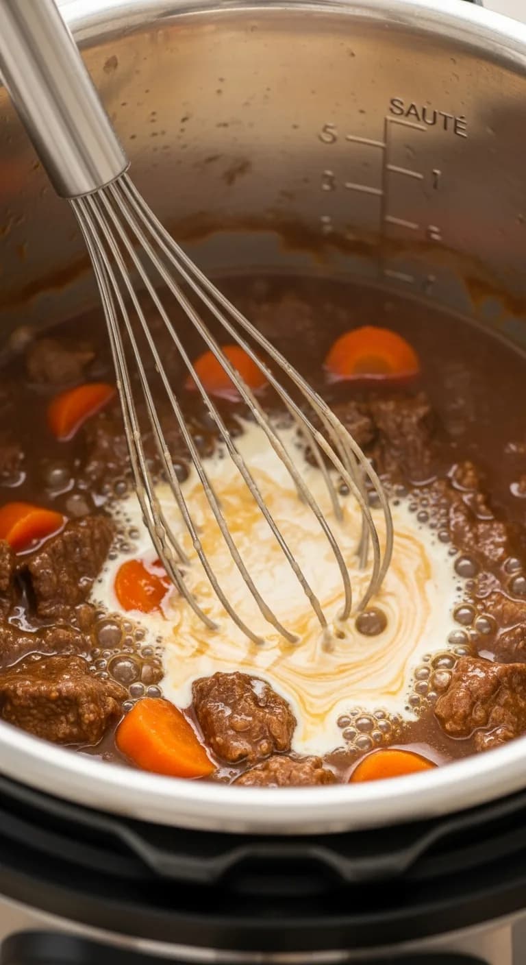 Stirring a cornstarch slurry into a finished stew inside the Instant Pot to thicken it.