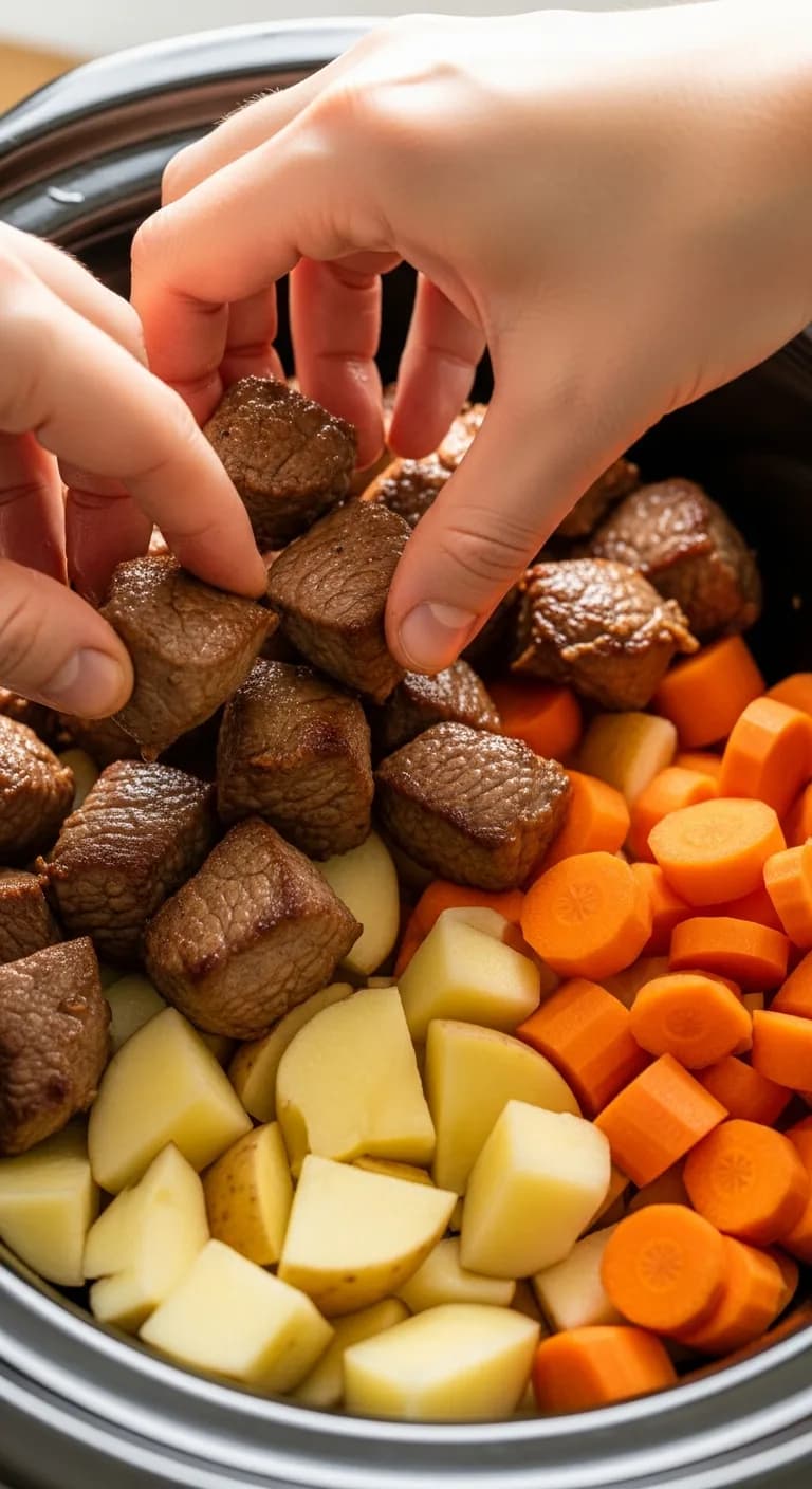Seared beef cubes being placed on top of the vegetables in the slow cooker crock.