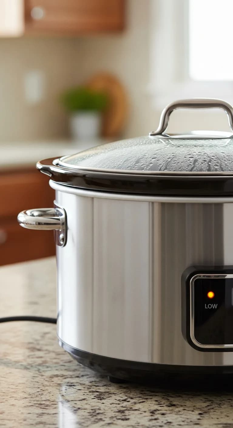 A closed slow cooker on a kitchen counter, cooking the steak and potatoes.