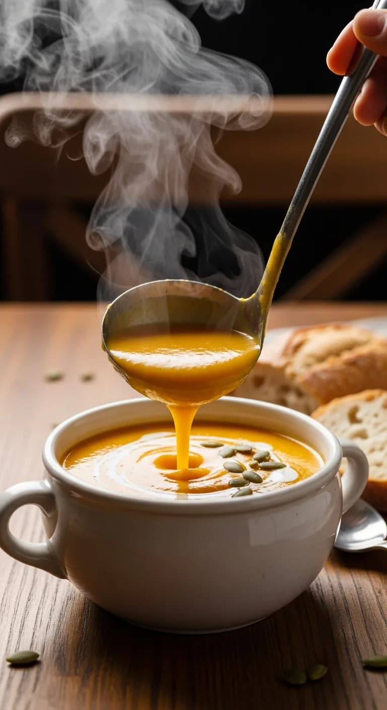 Ladling hot creamy squash soup into white bowl with crusty bread
