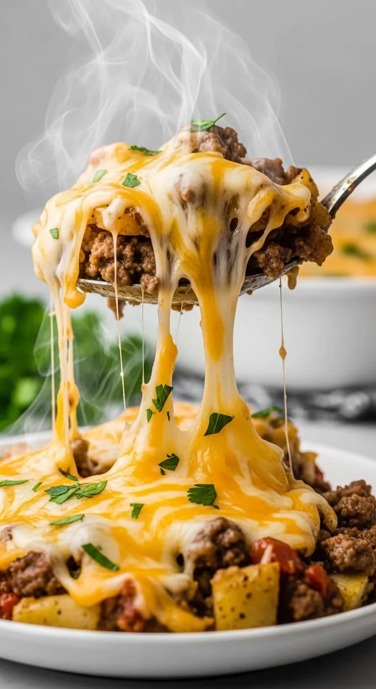 Serving scoop of cheesy hamburger potato casserole onto a plate