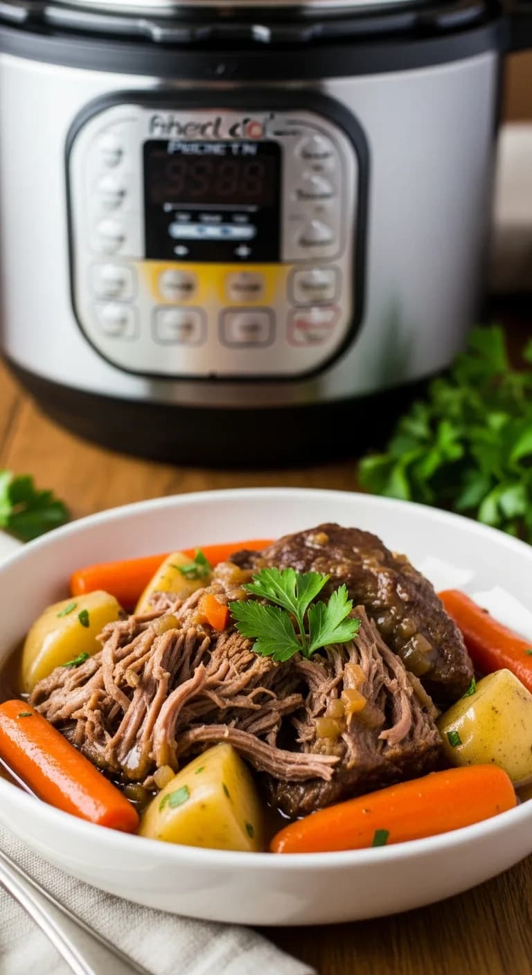 A bowl of delicious, finished pot roast, converted from a slow cooker recipe, with the Instant Pot in the background.