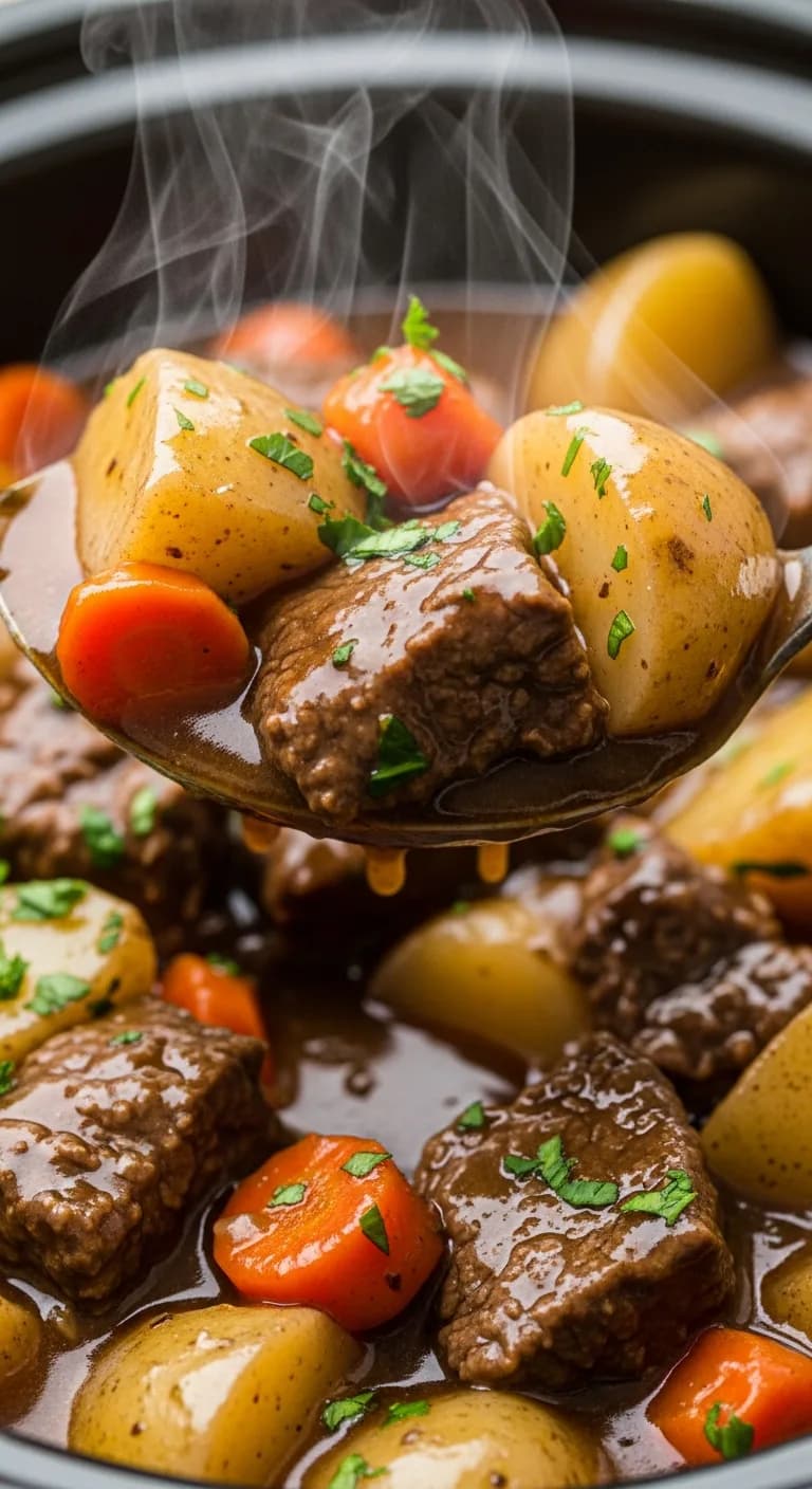A spoonful of the finished, thick crockpot steak and potatoes being lifted from the slow cooker.