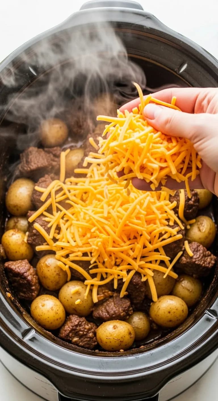 Adding shredded cheddar cheese to cooked potato beef casserole