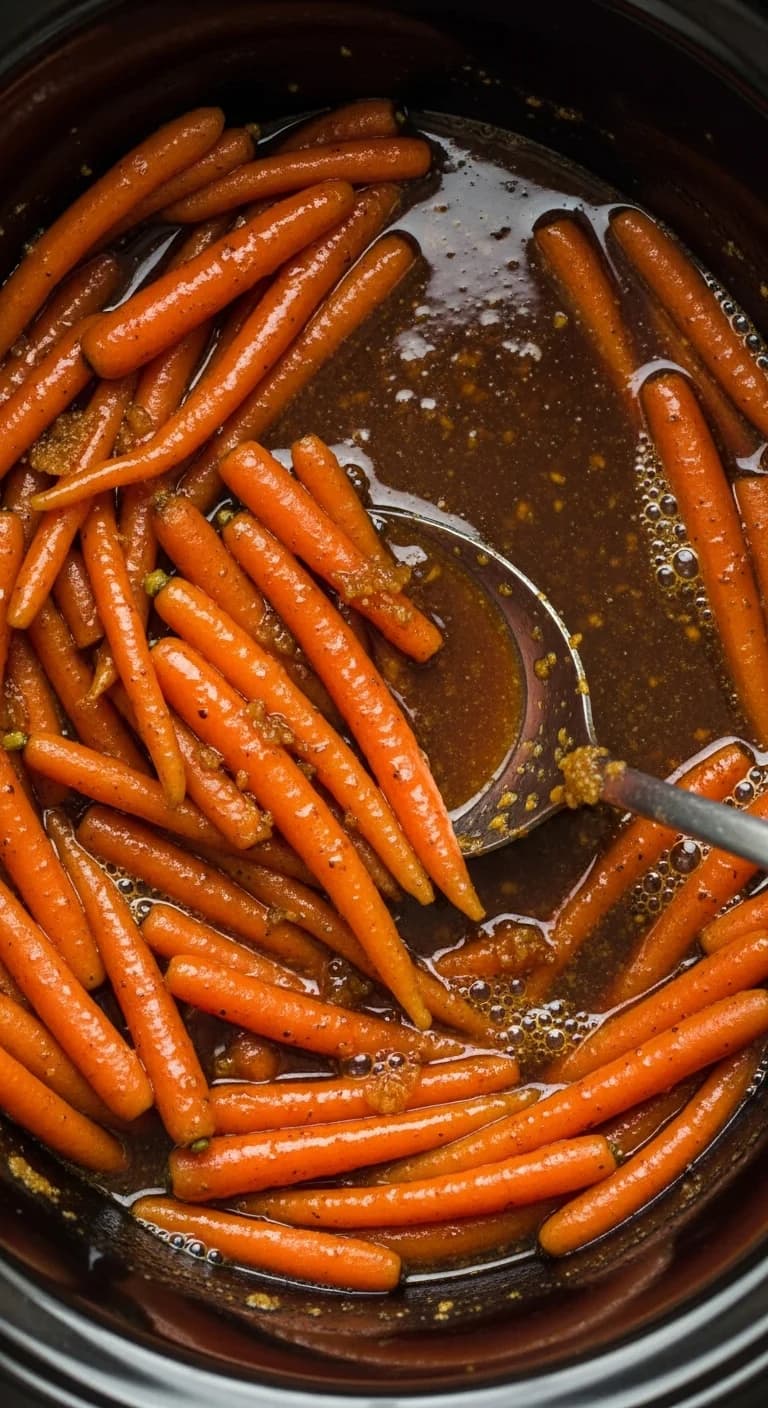 Fork-tender glazed crockpot baby carrots being stirred after cooking is complete.