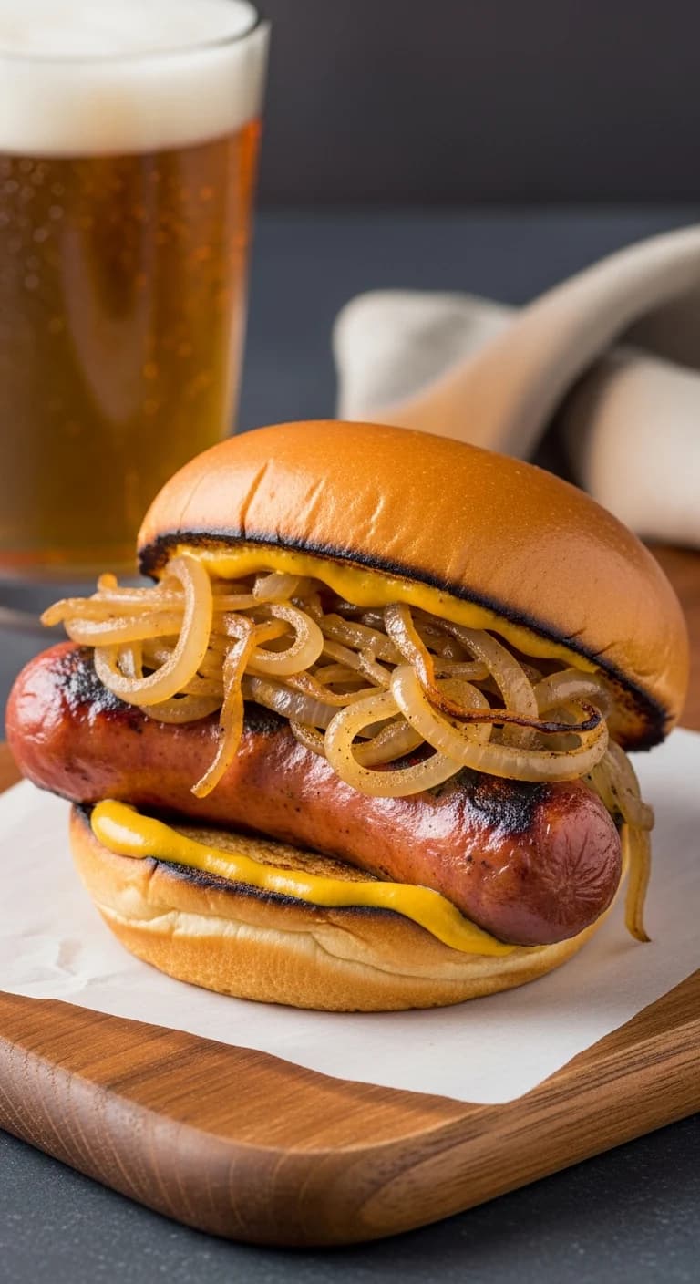 Plated beer brat in bun with onions and mustard ready to eat