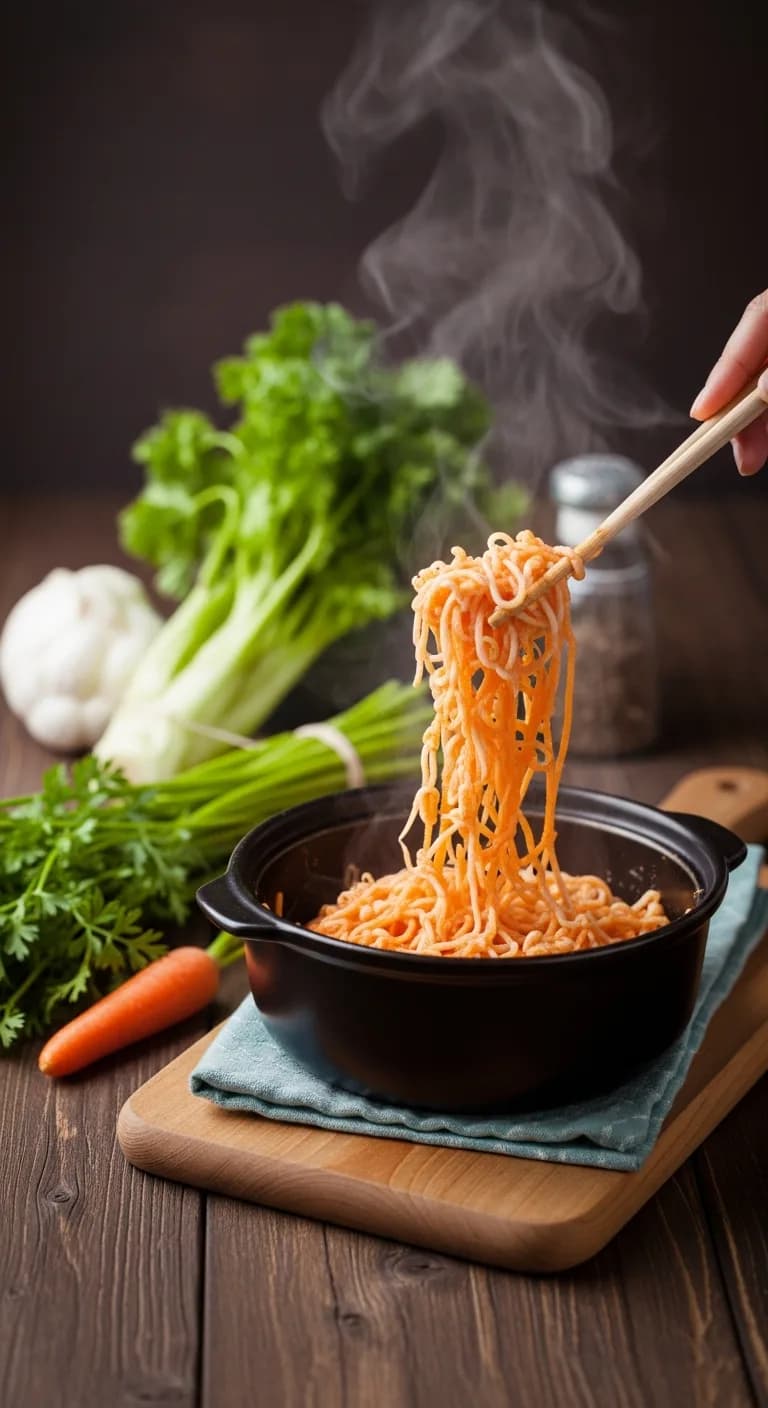 Chopped carrots and onions layered in the bottom of a black slow cooker crock.