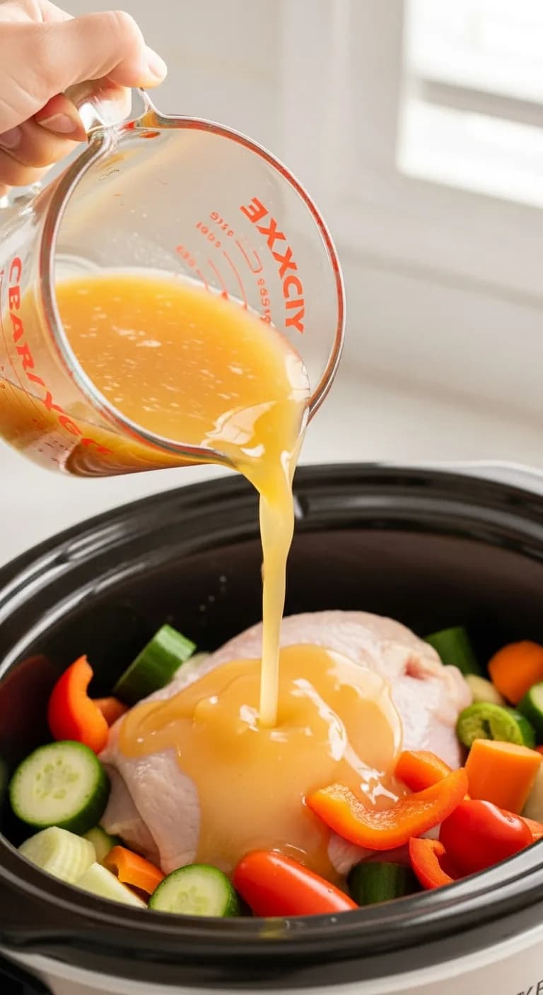 Chicken broth and garlic mixture being poured from a glass measuring cup into the crockpot.