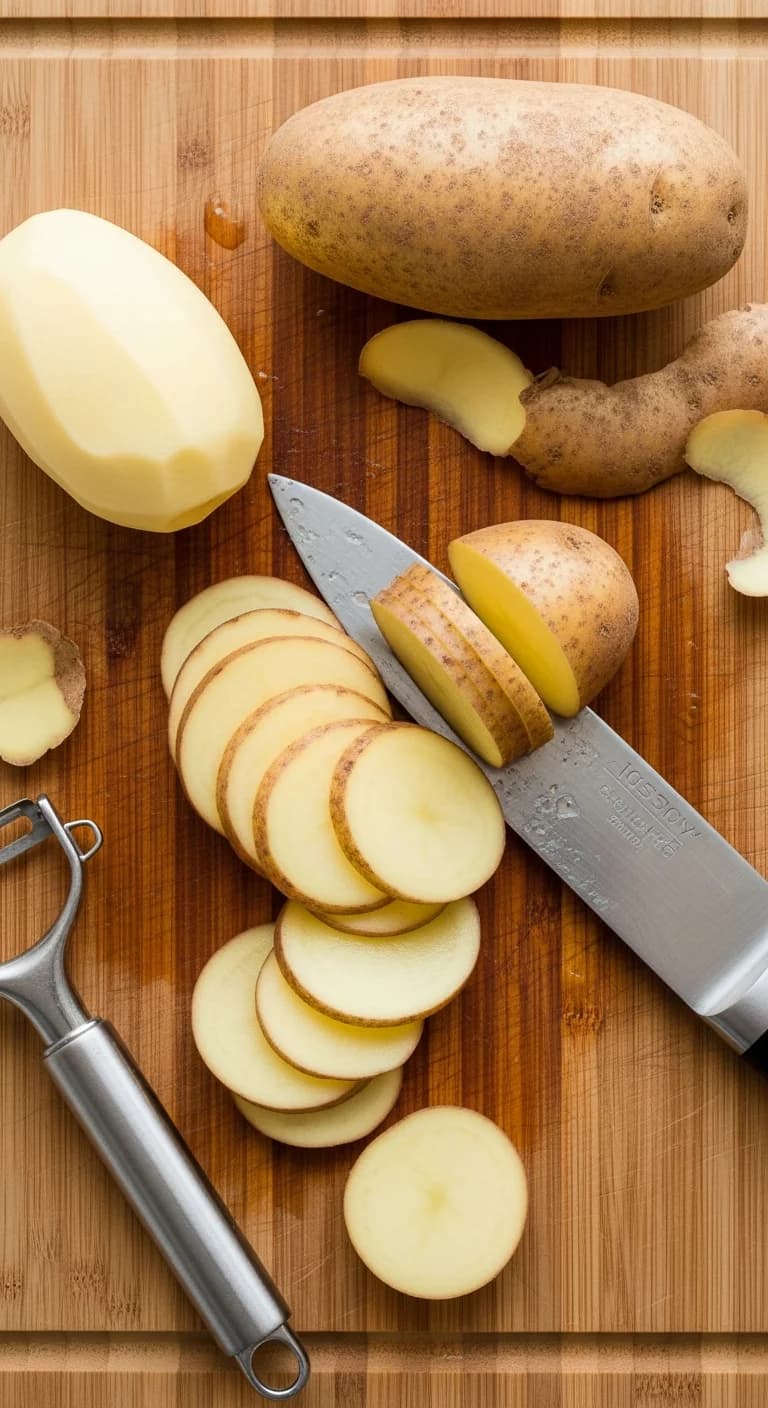 Slicing russet potatoes thinly on a wooden cutting board