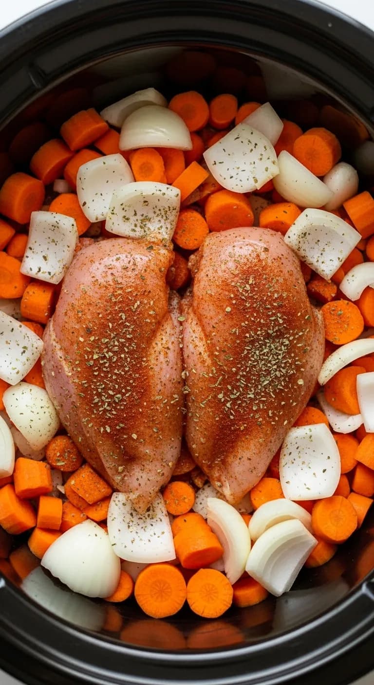 Seasoned raw chicken breasts placed on top of carrots and onions inside a slow cooker.