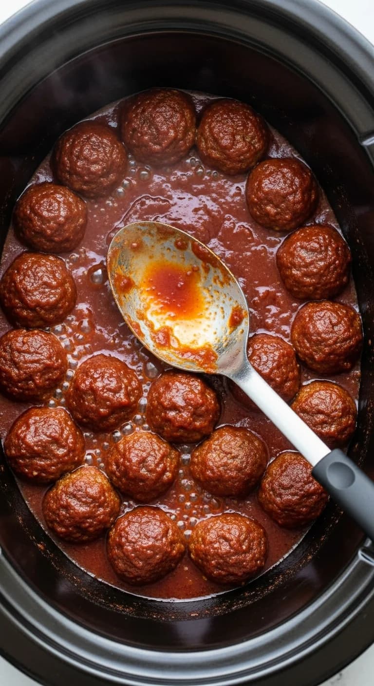 A final stir of the fully cooked and saucy meatballs in the slow cooker before serving.