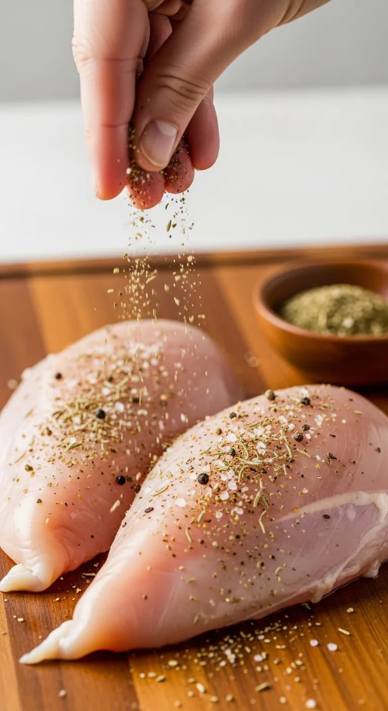 Raw chicken breasts on a cutting board being seasoned with salt, pepper, and herbs.