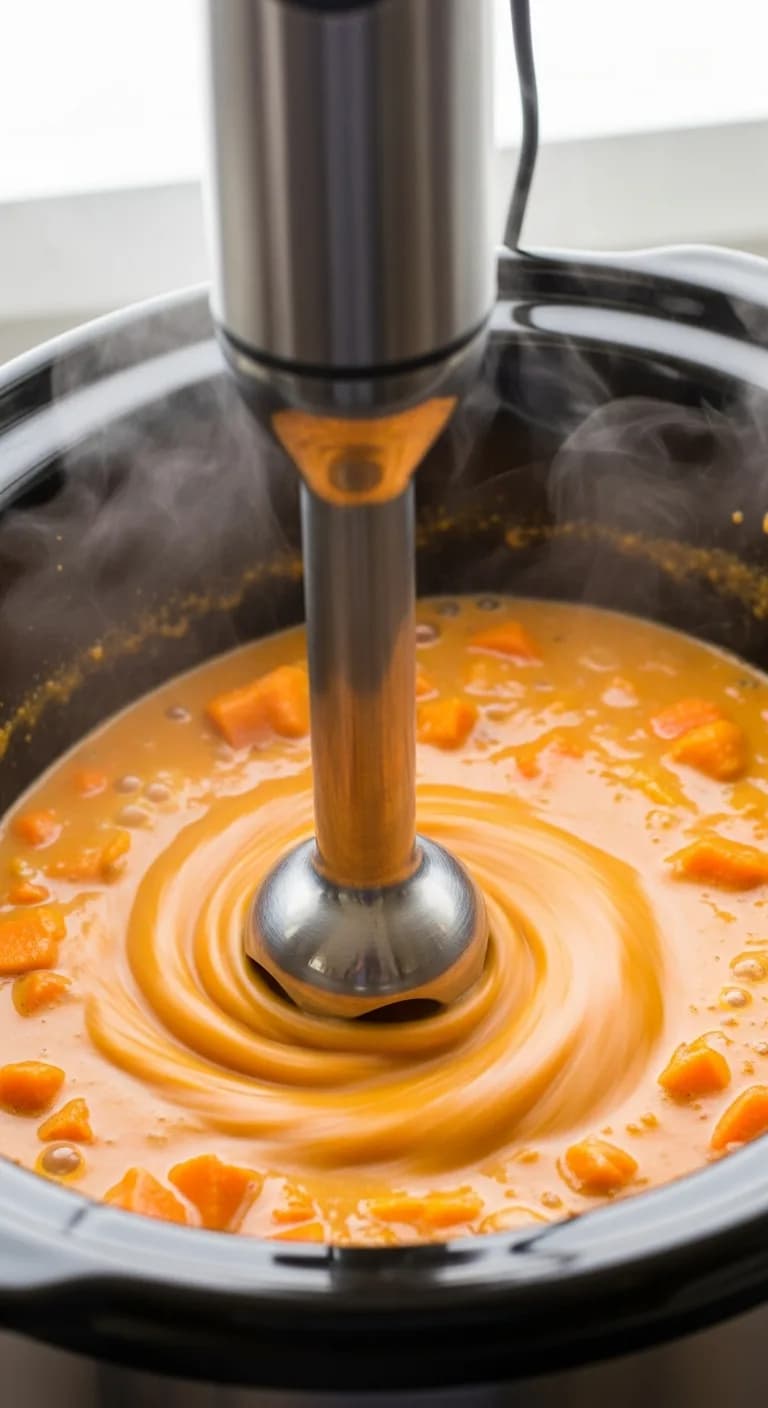 Using immersion blender to puree cooked squash soup in pot