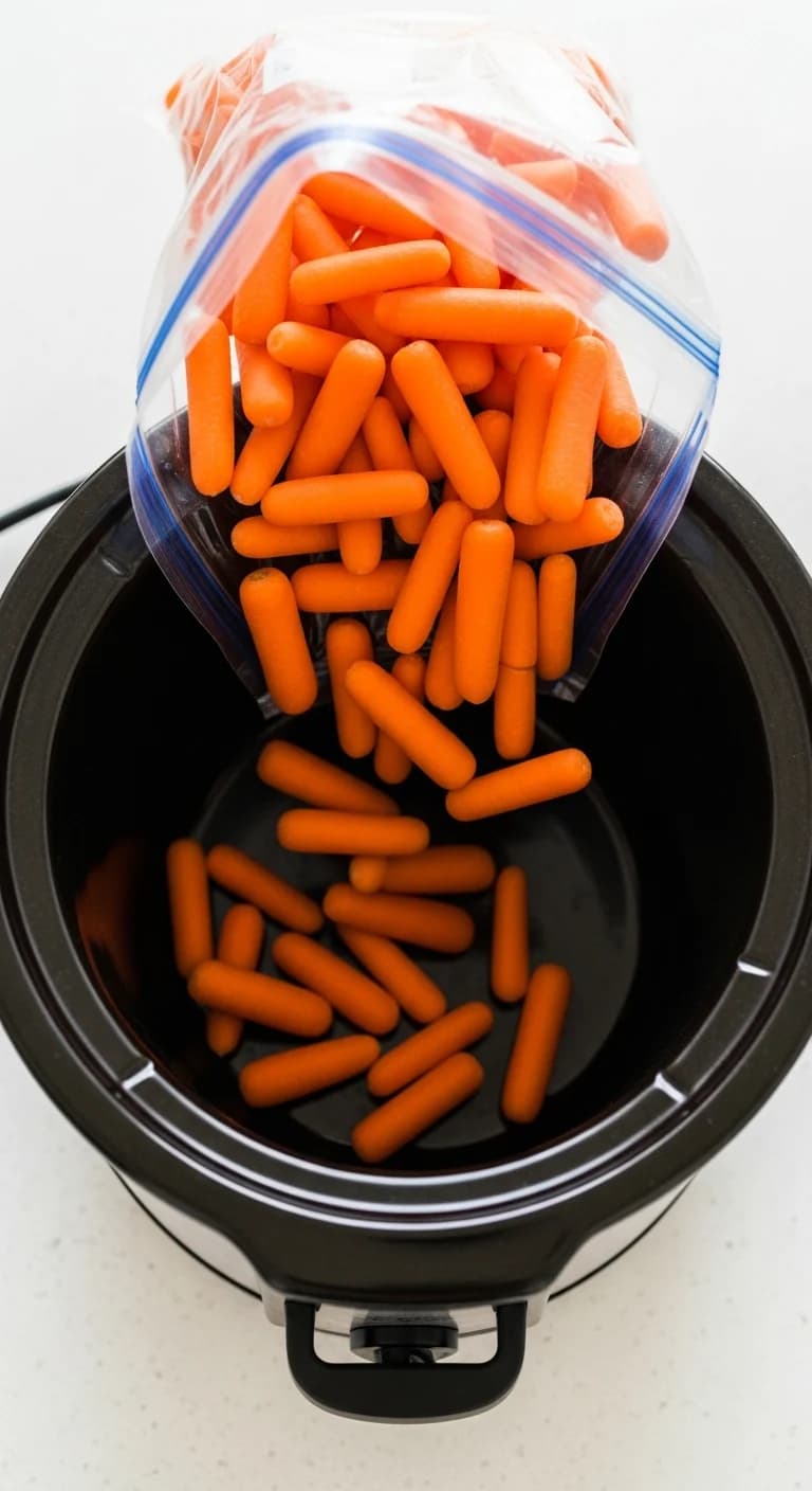 A bag of fresh baby carrots being poured into a black slow cooker insert.