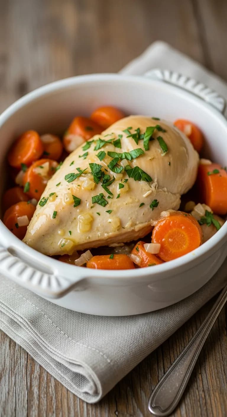 A single serving of Crockpot Chicken and Carrots in a rustic bowl, ready to eat.