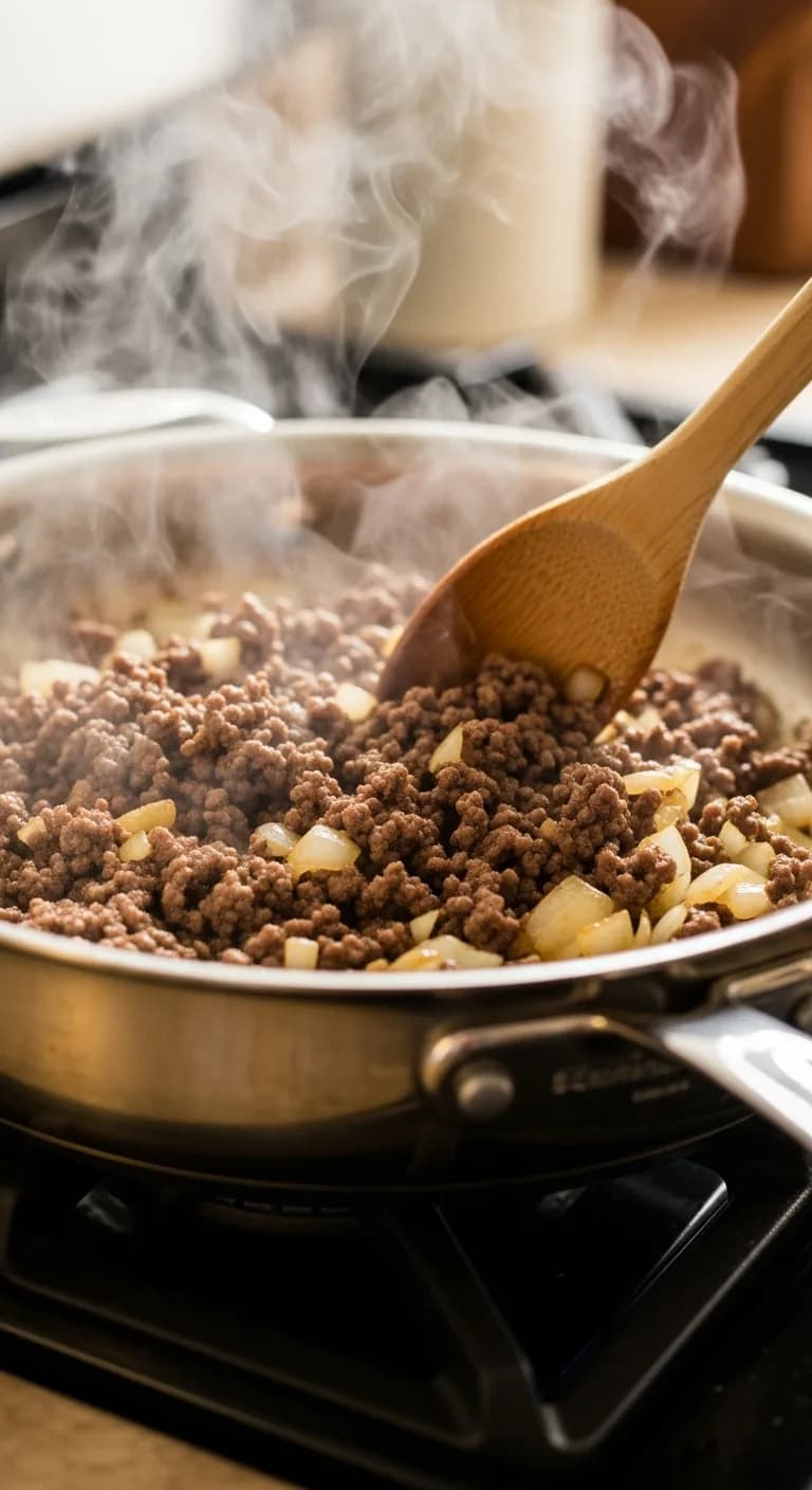 Browning ground beef and onions in a skillet for hamburger beef crockpot recipes