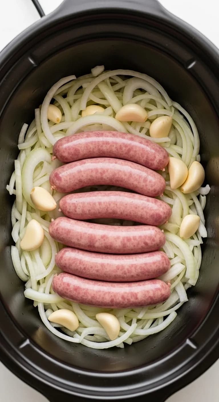Raw bratwurst links arranged over sliced onions in slow cooker pot