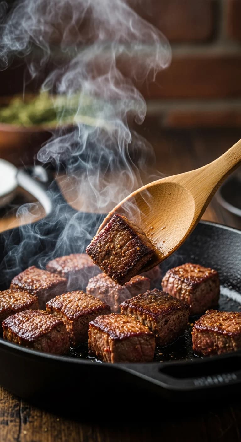 Beef cubes being seared in a hot cast iron skillet for crockpot steak and potatoes recipe.