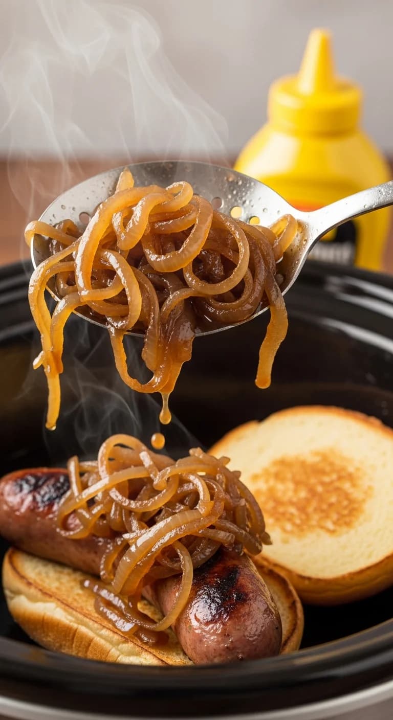 Spoon scooping braised onions from slow cooker onto grilled bratwurst